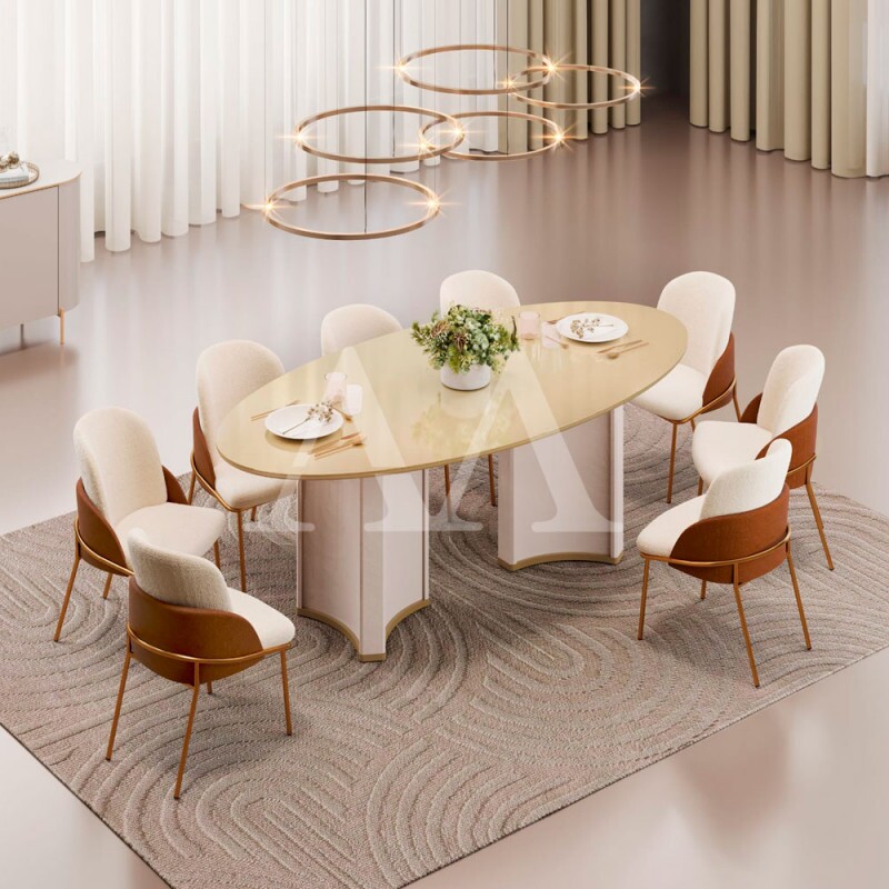 MESA DJ LIZ 218X108 TAMPO ORGANICO C/VIDRO OFF WHITE/DOURADO