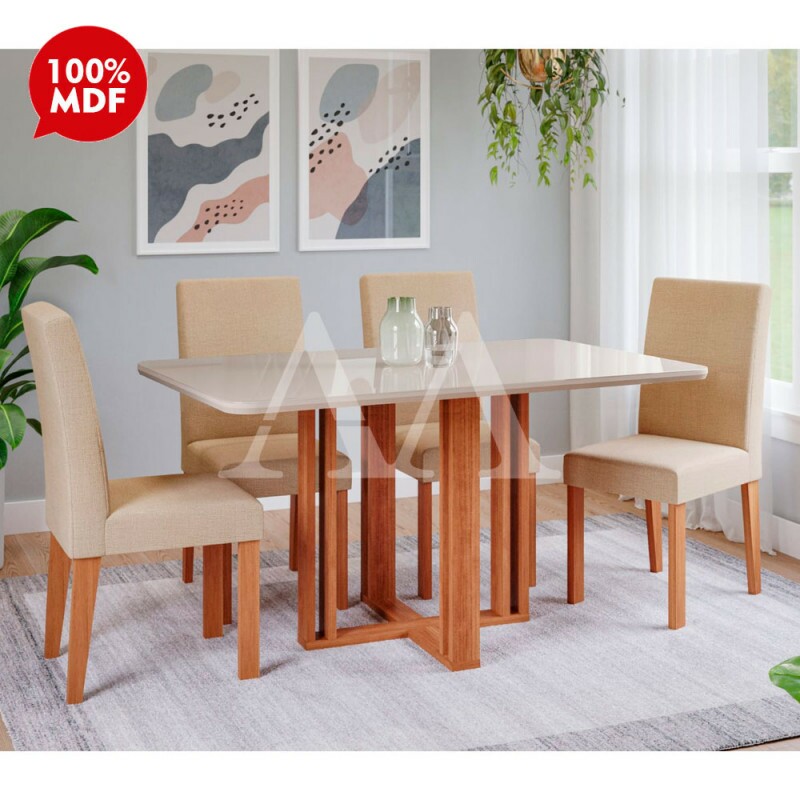 CJ MESA 4C CIMOL FLORA C/VIDRO RETANGULAR 130X80 MAIA CINAMOMO/OFF WHITE/GENGIBRE